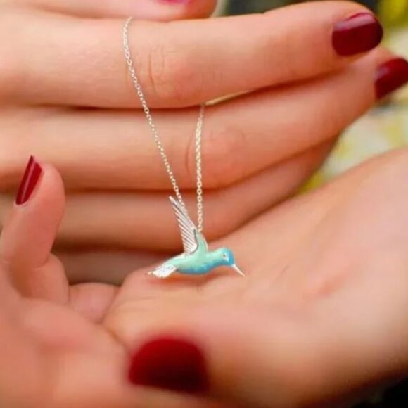 Dainty Silver Tone Blue Hummingbird Necklace - Picture 2 of 2